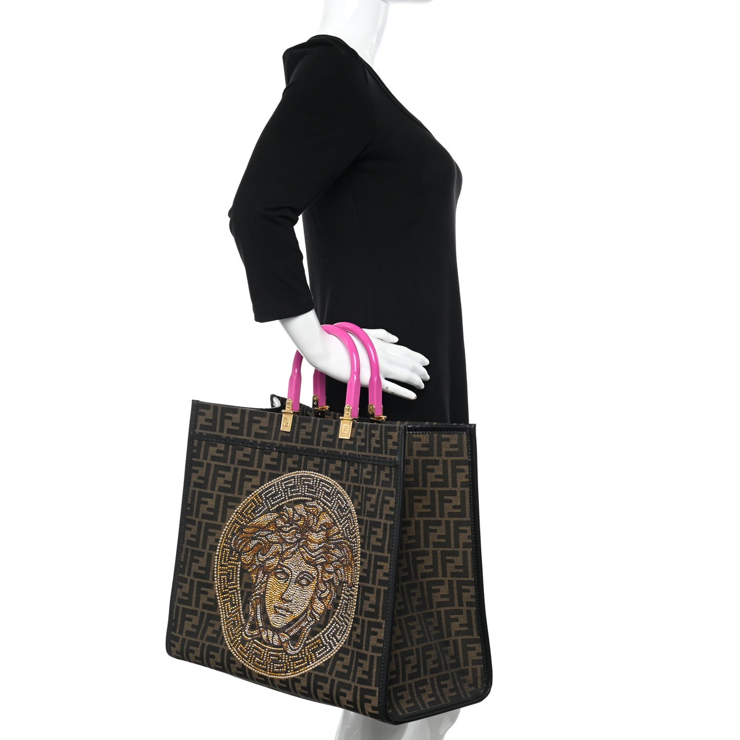X VERSACE Fabric Jacquard Calfskin Plexiglass Fendace FF Medusa Studded Large Fendi Sunshine Shopper Tote Marrone Fuxia