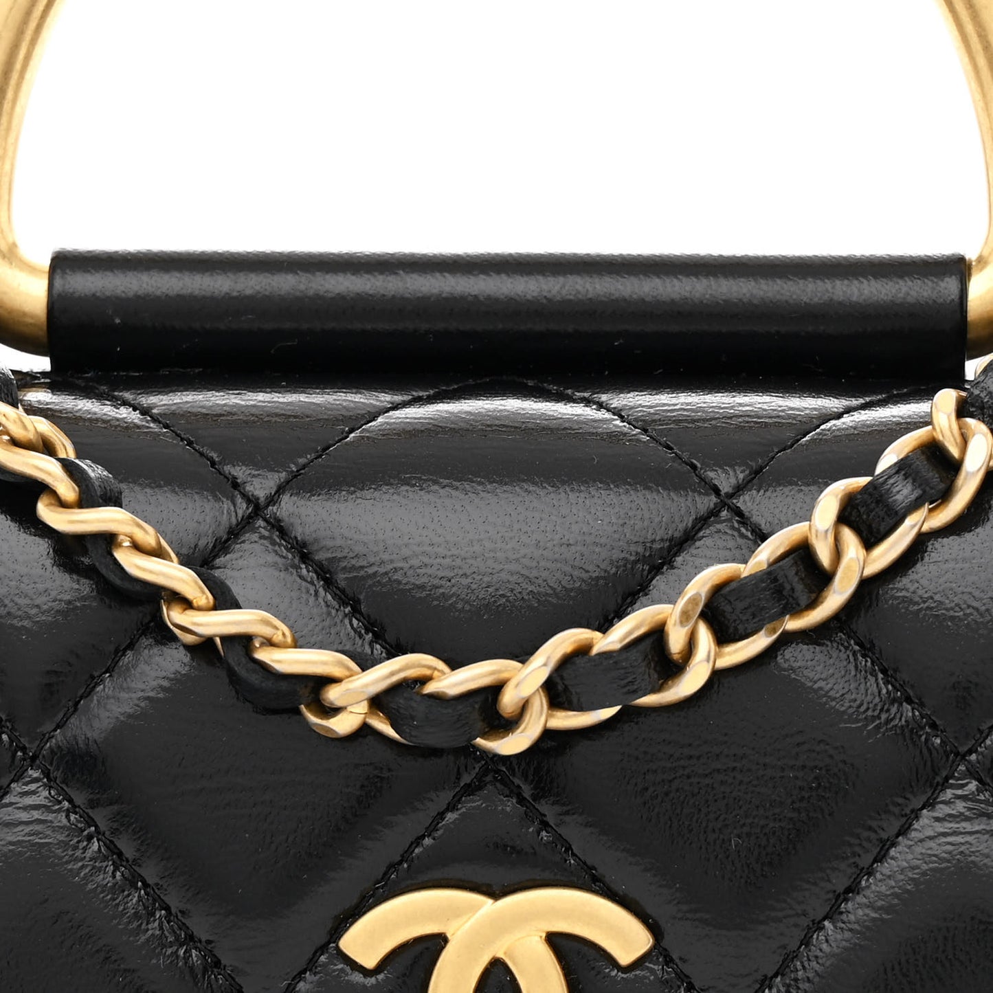 Shiny Lambskin Quilted Top Handle Flap Black