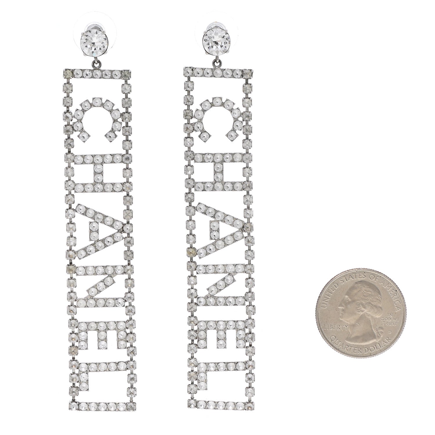 Chanel Crystal Chanel Logo Drop Earrings Silver 2 of 4