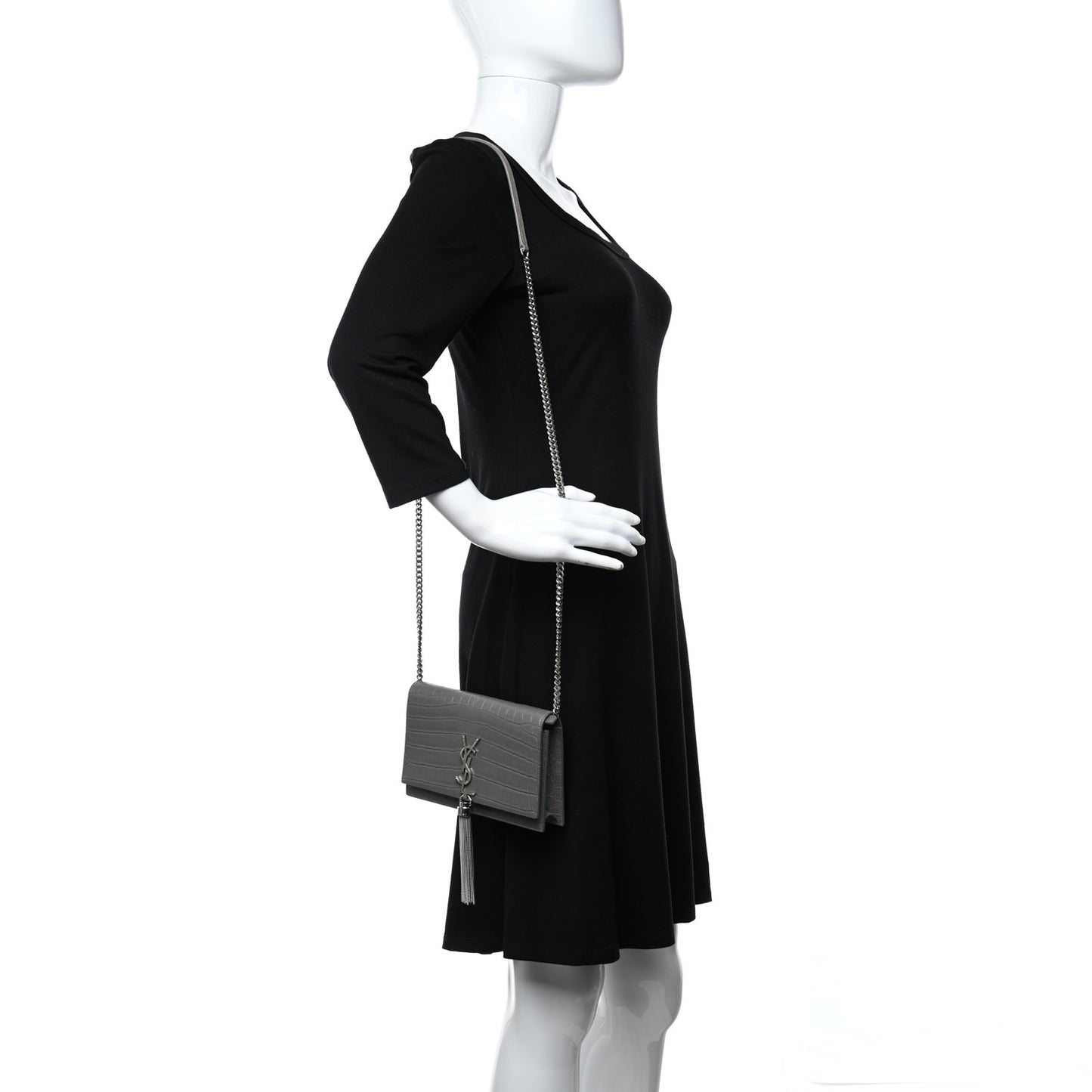 Calfskin Crocodile Embossed Kate Monogram Tassel Chain Wallet Fog