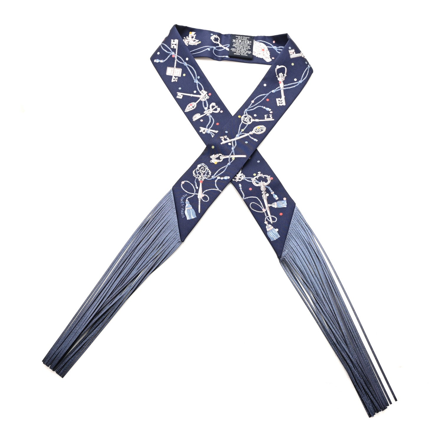 Hermes Silk Metallic Agneau Les Cles A Pois Fringed Twilly Bleu Marine Gris Argent Multicolor 1 of 3