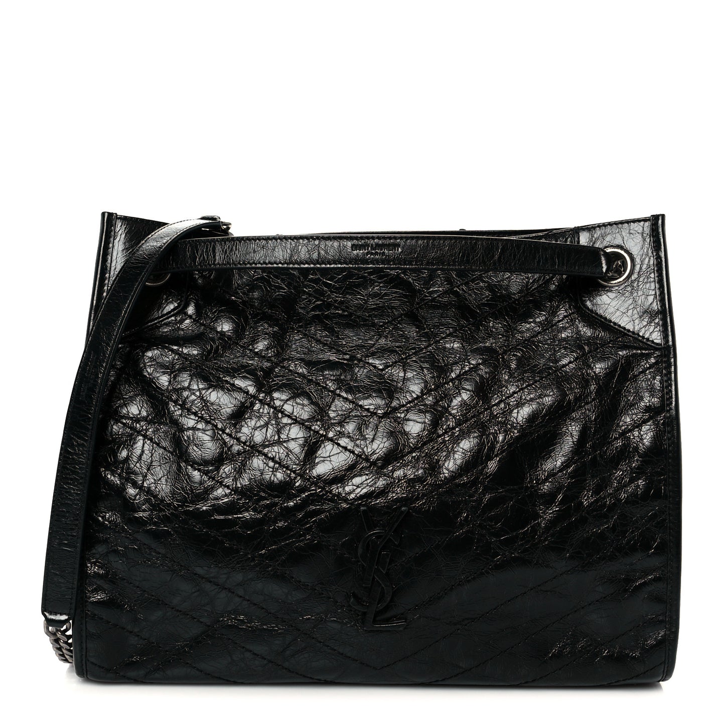 Crinkled Calfskin Matelasse Monogram Medium Niki Shopper Tote Black