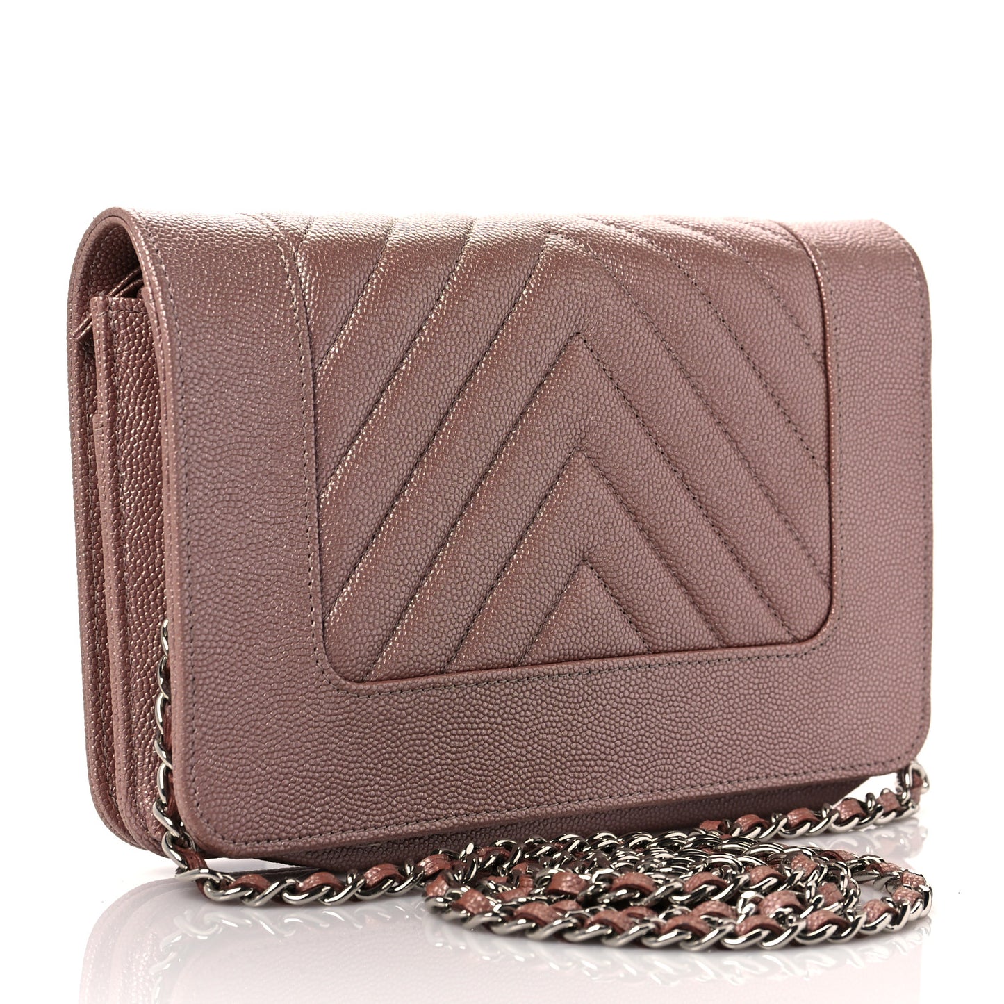 Metallic Caviar Chevron Quilted Vintage Mademoiselle Wallet On Chain WOC Pink