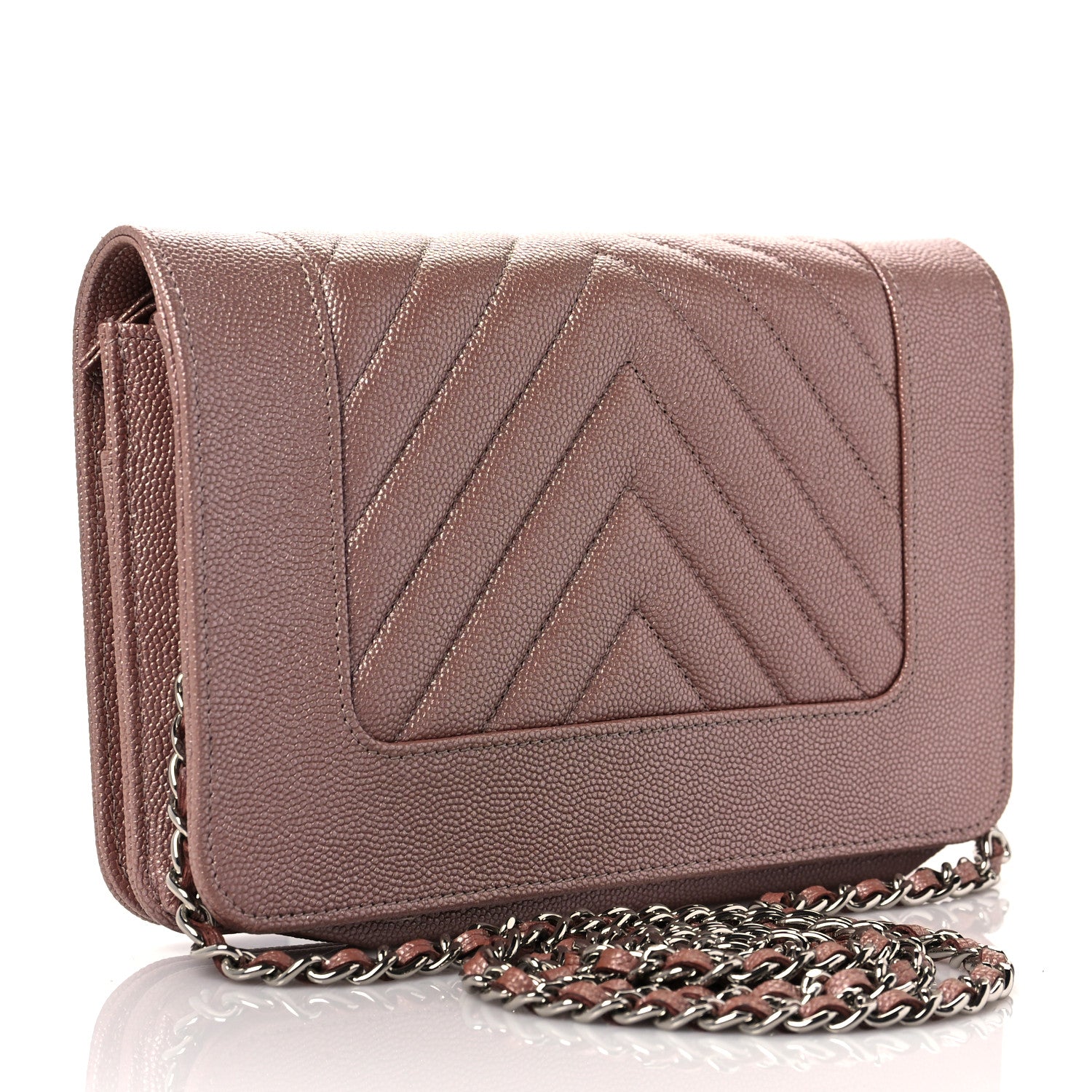 Chanel Metallic Caviar Chevron Quilted Vintage Mademoiselle Wallet On Chain WOC Pink 3 of 9