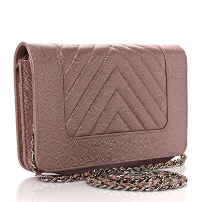 Chanel Metallic Caviar Chevron Quilted Vintage Mademoiselle Wallet On Chain WOC Pink 3 of 9
