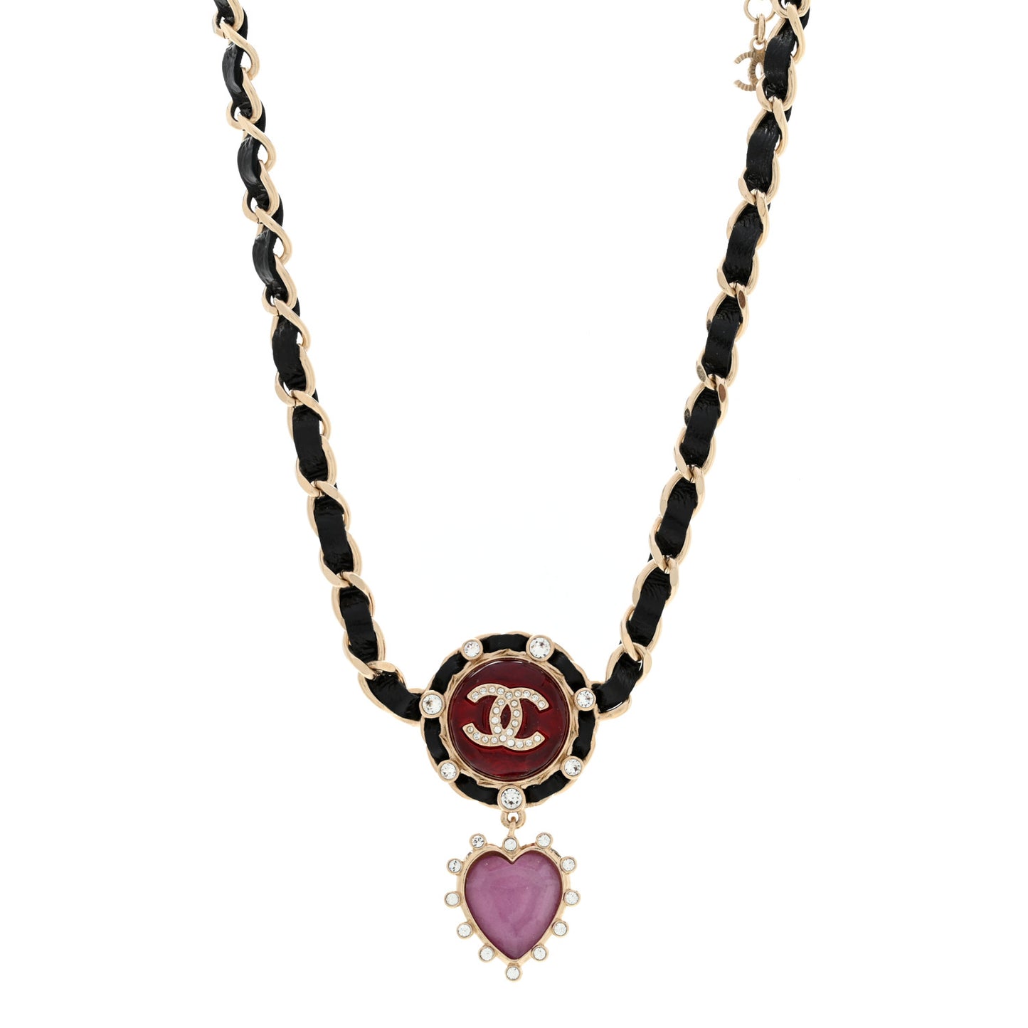 Lambskin Crystal Heart Choker Necklace Black Gold Pink