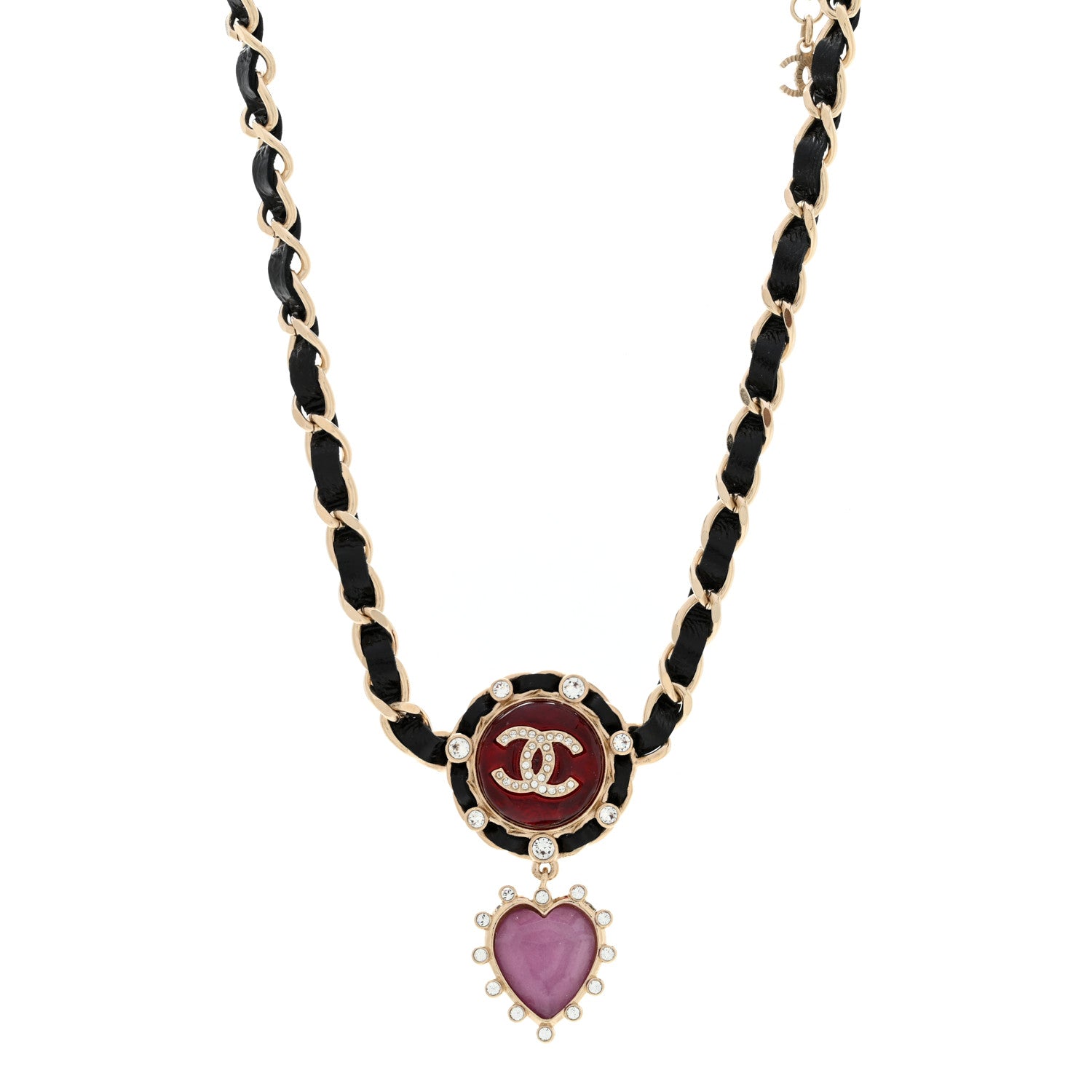Chanel Lambskin Crystal Heart Choker Necklace Black Gold Pink 1 of 4