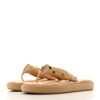 Chanel Lambskin Quilted Padded Charms Thong Sandals 38 Beige 3 of 8