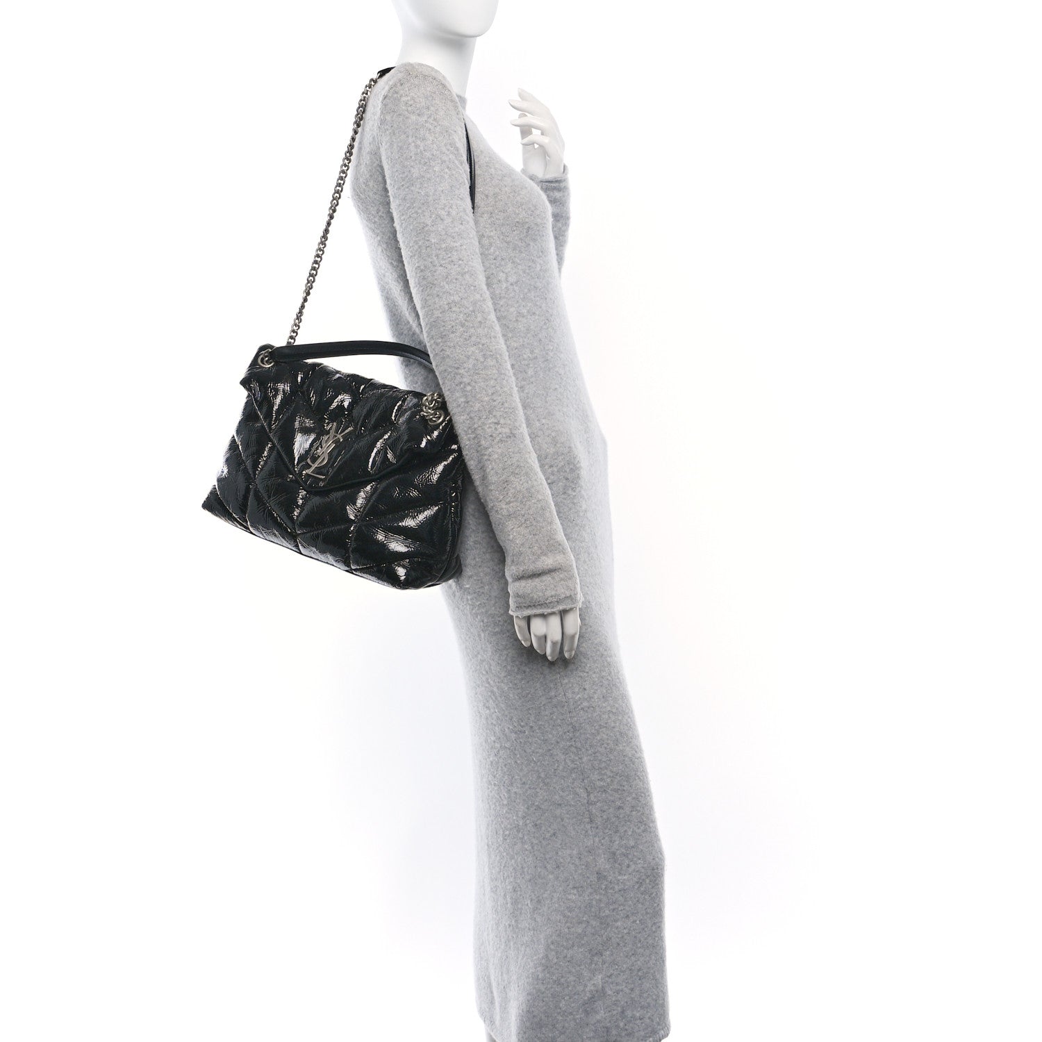 Saint Laurent Patent Lambskin Quilted Medium Loulou Puffer Monogram Chain Satchel Black 2 of 10