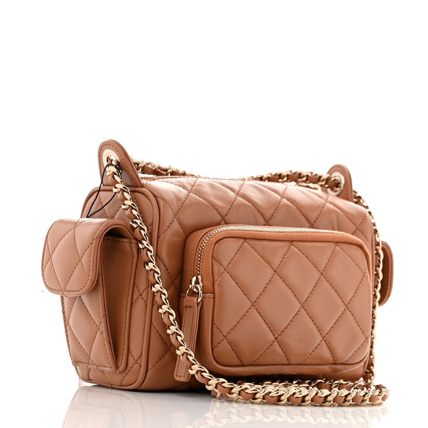 Shiny Crumpled Lambskin Quilted Small Preppy Pocket Camera Case Brown