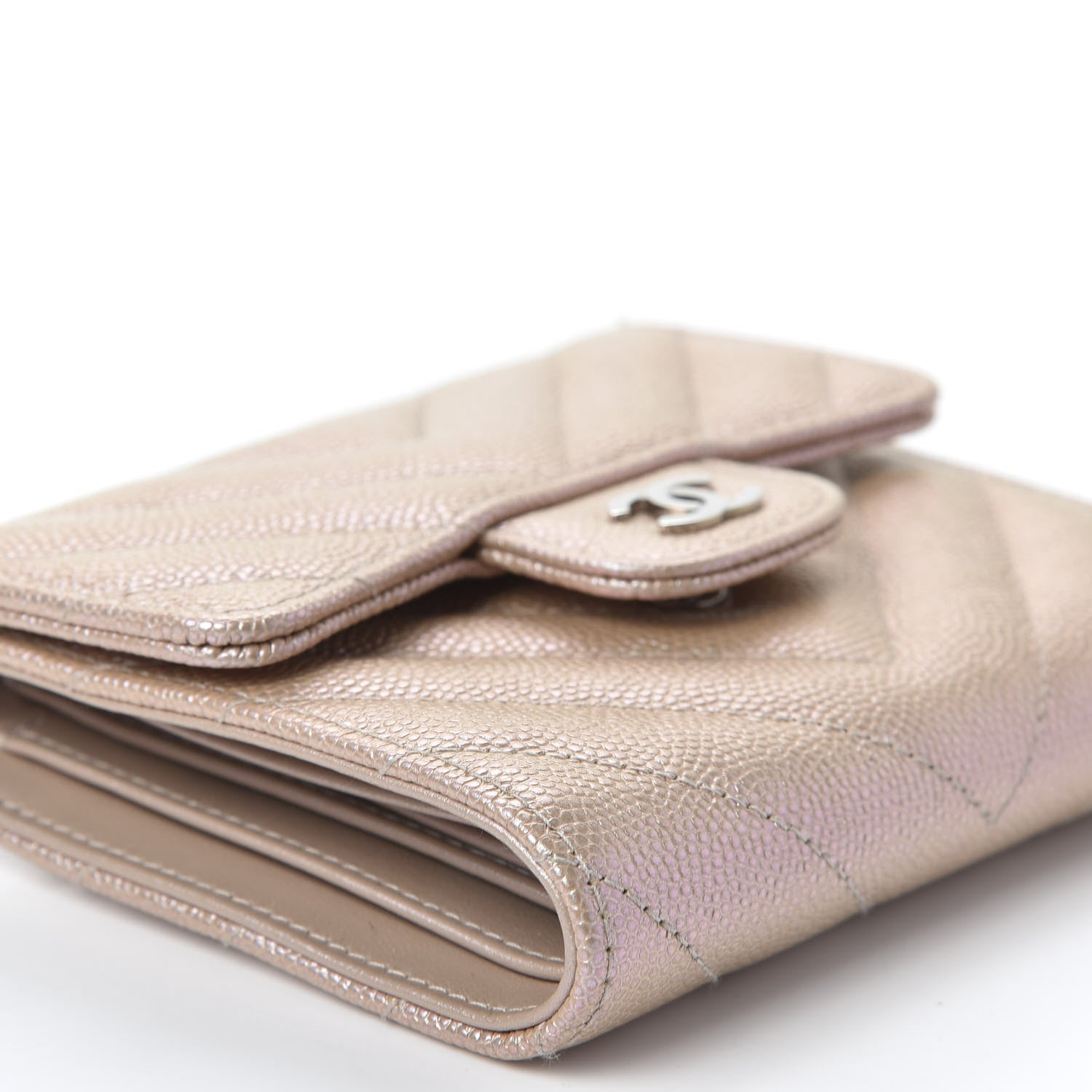 Chanel Metallic Caviar Chevron Quilted Compact Flap Wallet Light Gold 5 of 10