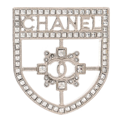 Chanel Swarovski Baguette Crystal CC Shield Brooch Silver 1 of 4