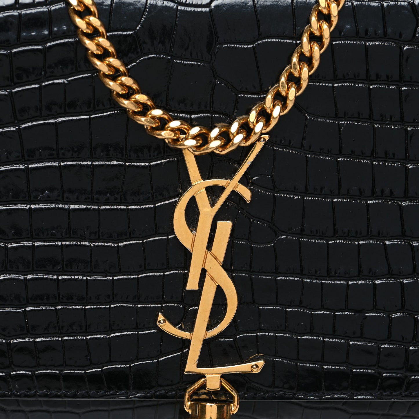 Calfskin Crocodile Embossed Medium Classic Monogram Kate Tassel Satchel Black