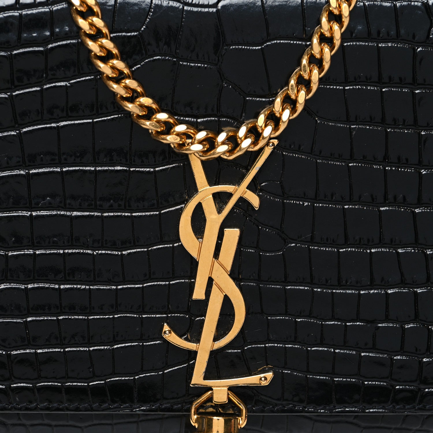 Saint Laurent Calfskin Crocodile Embossed Medium Classic Monogram Kate Tassel Satchel Black 8 of 10