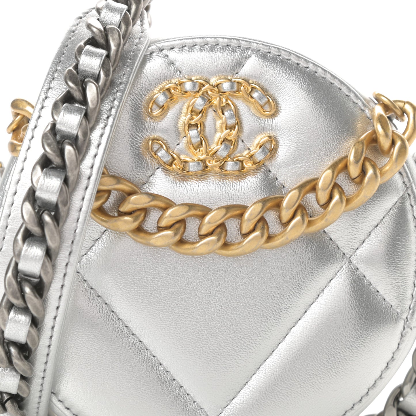 Metallic Lambskin Quilted Chanel 19 Round Clutch With Chain Silver