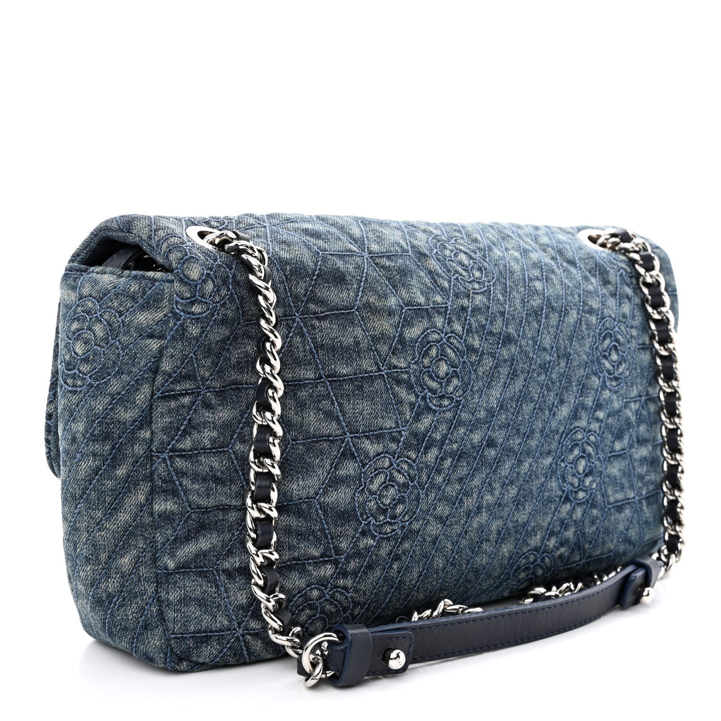 Denim Quilted Camellia Embroidered Large Flap Blue