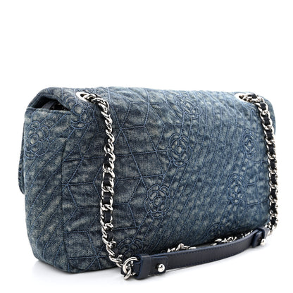 Chanel Denim Quilted Camellia Embroidered Large Flap Blue 3 of 11