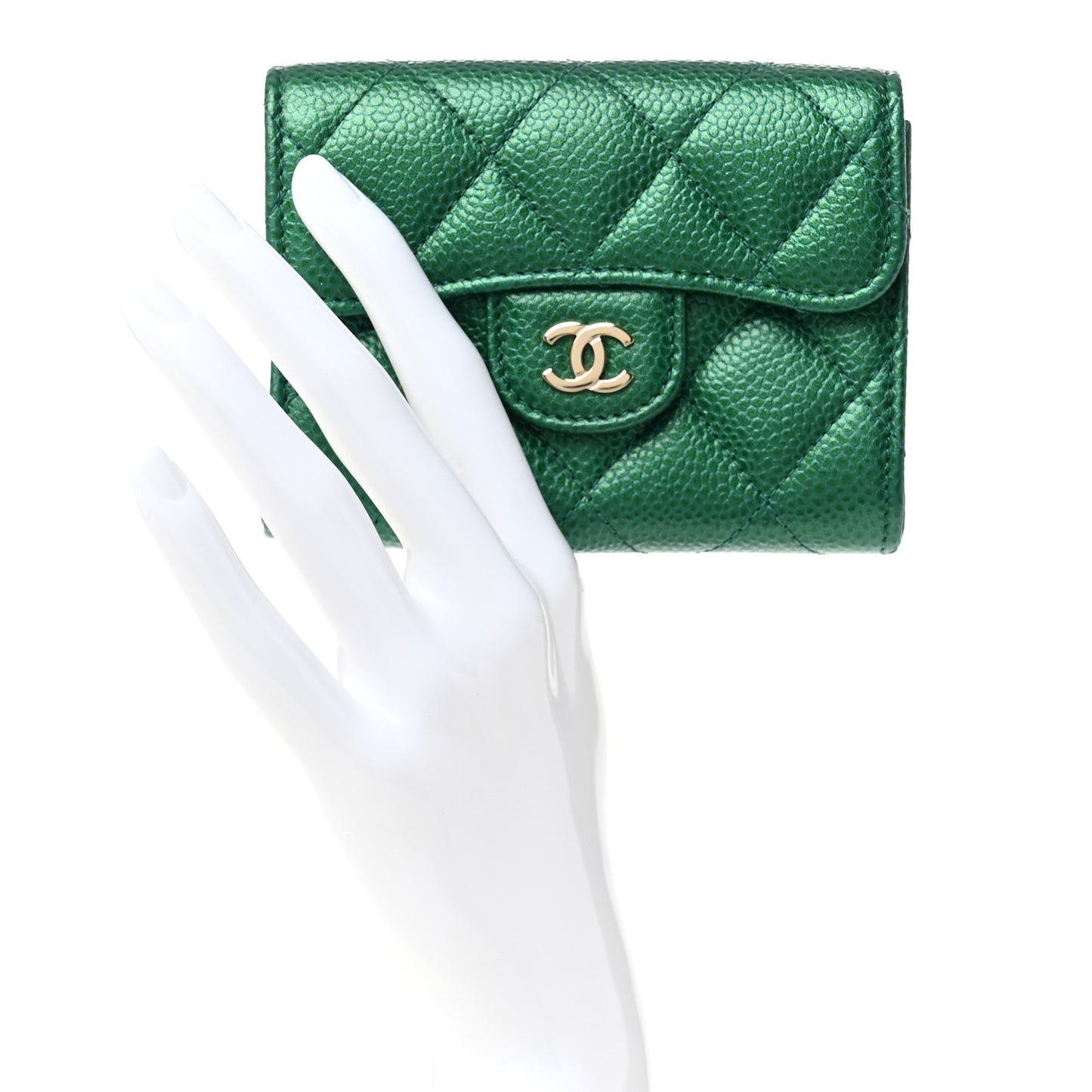 Metallic Caviar Quilted Flap Card Holder Wallet Green