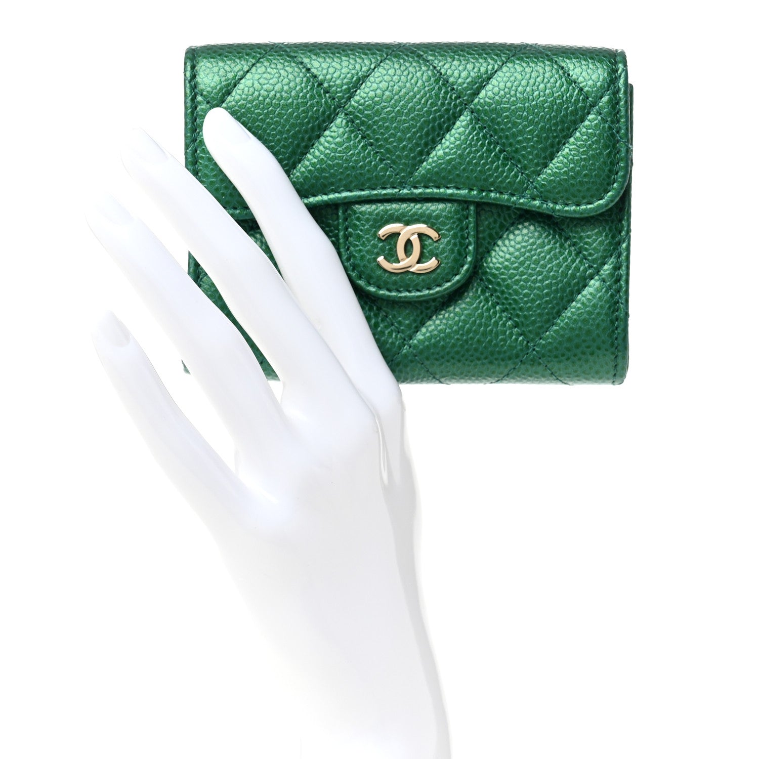 Chanel Metallic Caviar Quilted Flap Card Holder Wallet Green 2 of 8
