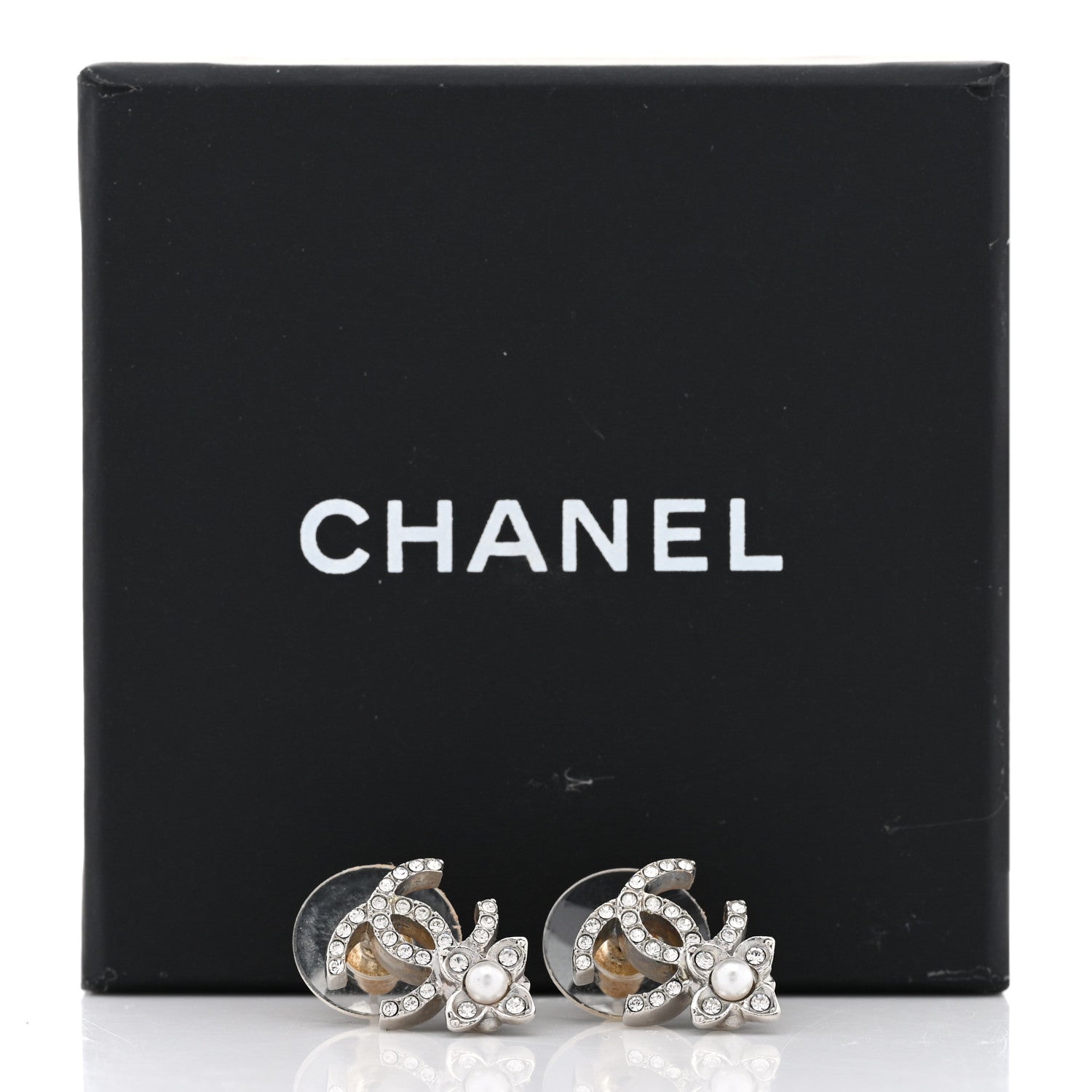 Chanel Crystal Pearl Flower CC Earrings Silver 6 of 6