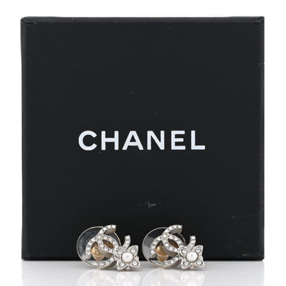 Chanel Crystal Pearl Flower CC Earrings Silver 6 of 6