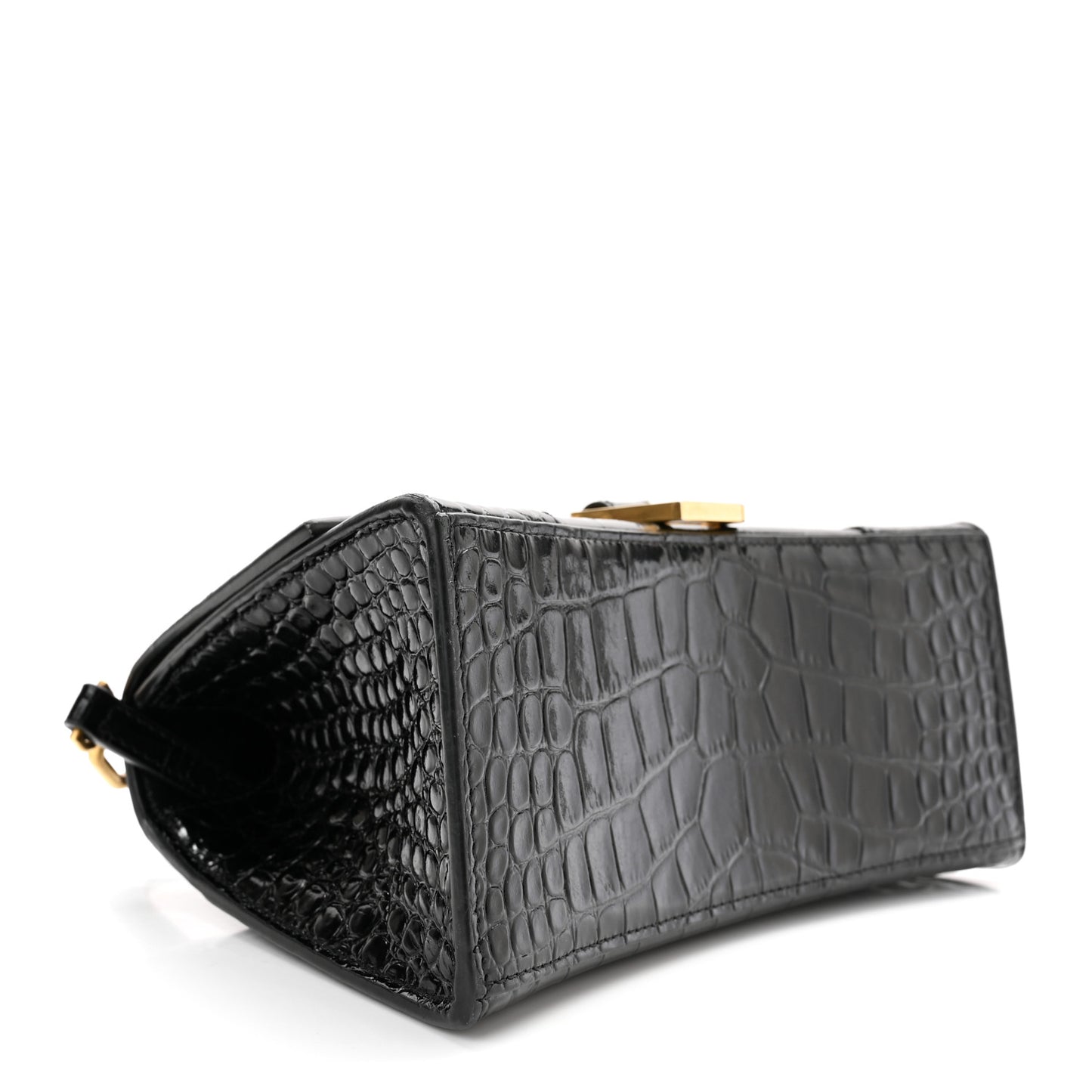 Shiny Calfskin Crocodile Embossed Small Hourglass Top Handle Bag Black