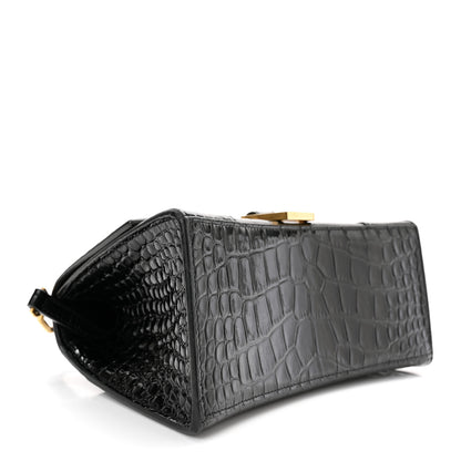 Balenciaga Shiny Calfskin Crocodile Embossed Small Hourglass Top Handle Bag Black 4 of 10