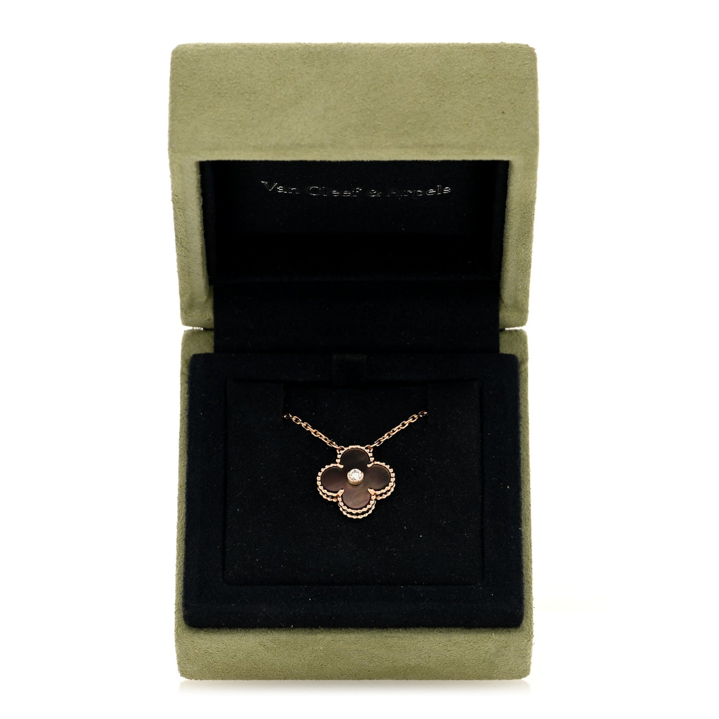 18K Rose Gold Diamond Grey Mother of Pearl Vintage Alhambra Pendant Necklace