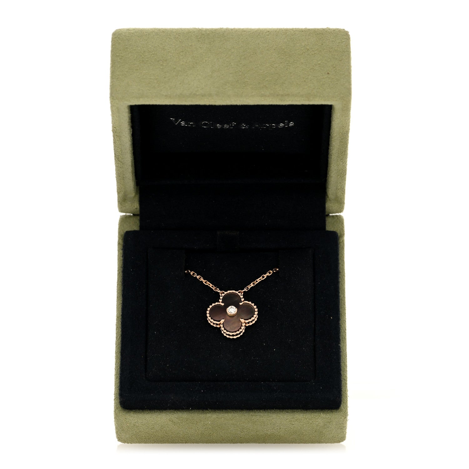 Van Cleef & Arpels 18K Rose Gold Diamond Grey Mother of Pearl Vintage Alhambra Pendant Necklace 5 of 5