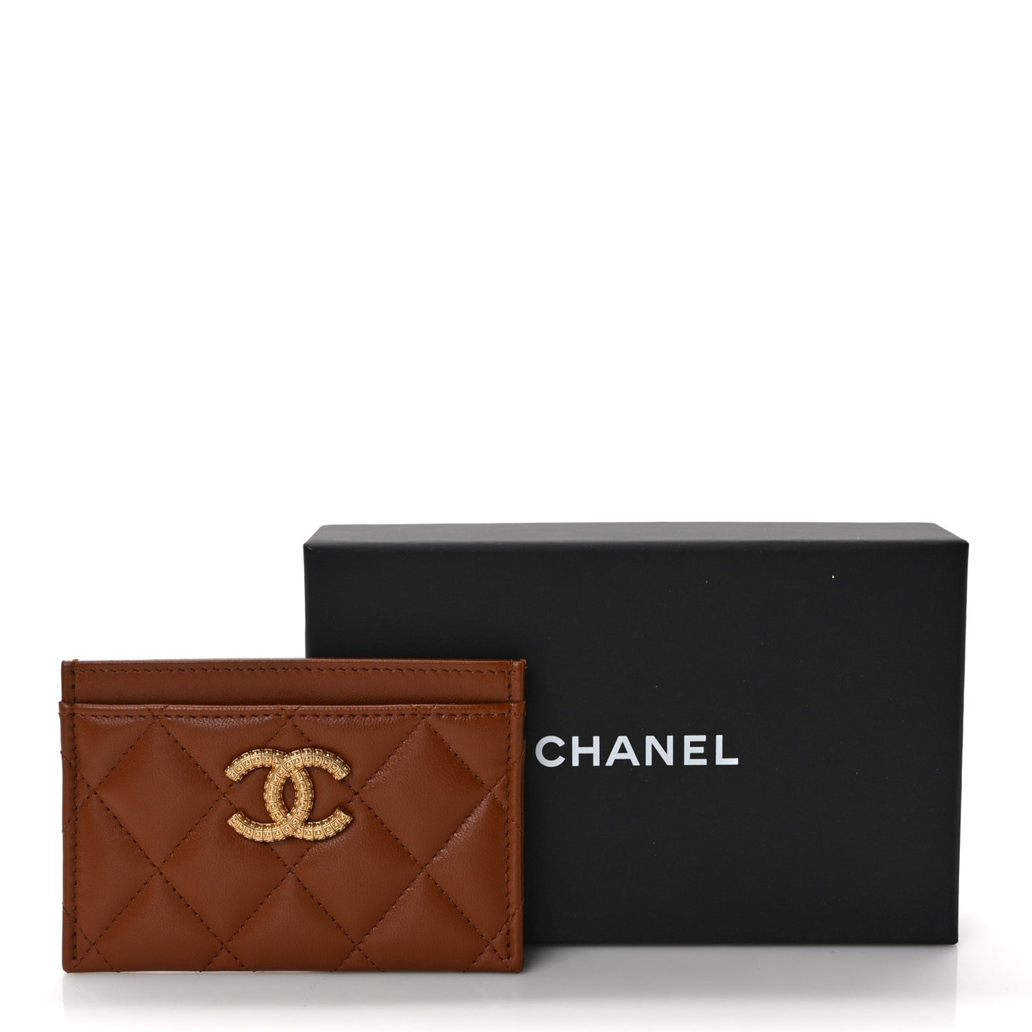 Lambskin Quilted Studded CC Card Holder Camel