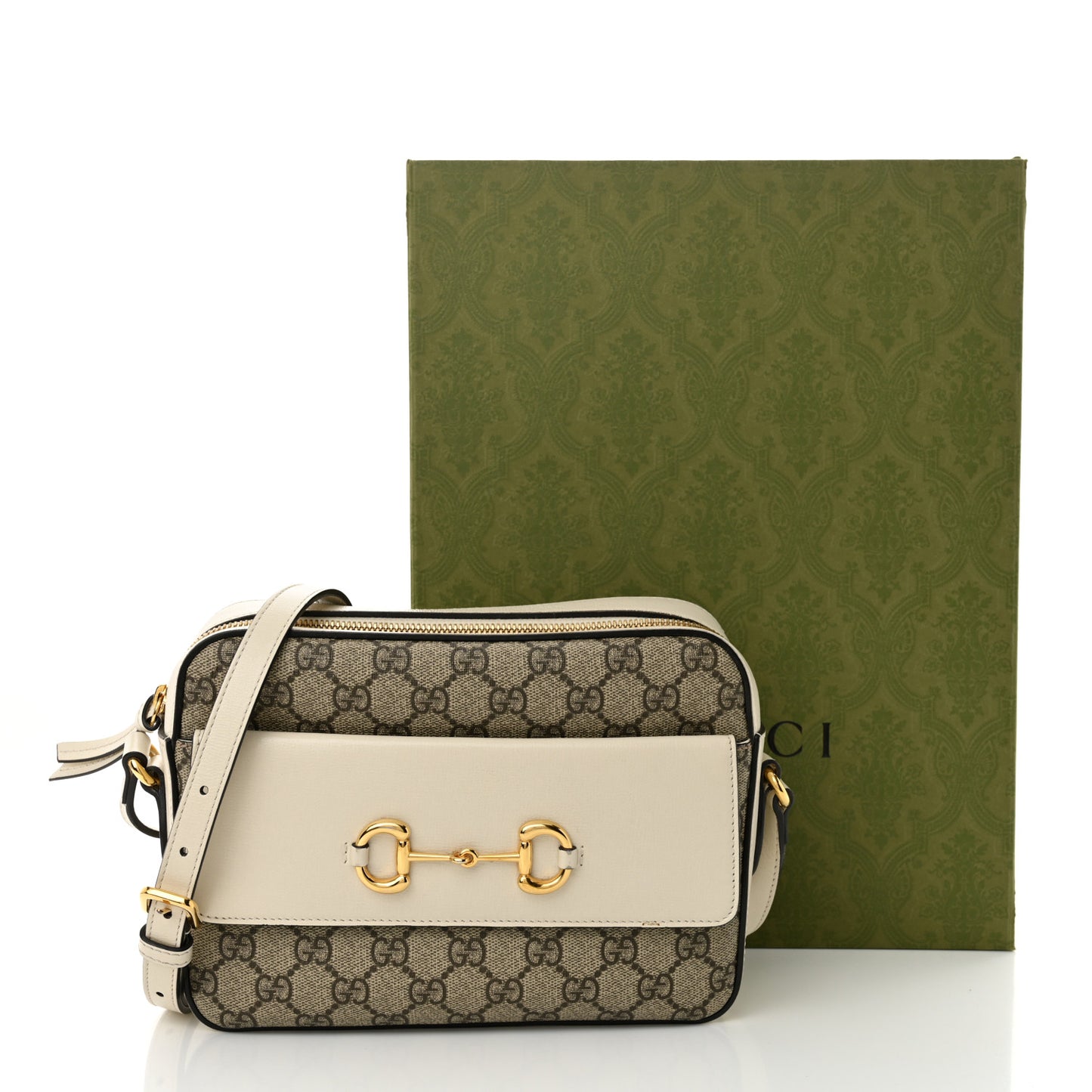 GG Supreme Monogram Small Horsebit 1955 Shoulder Bag Beige Mystic White