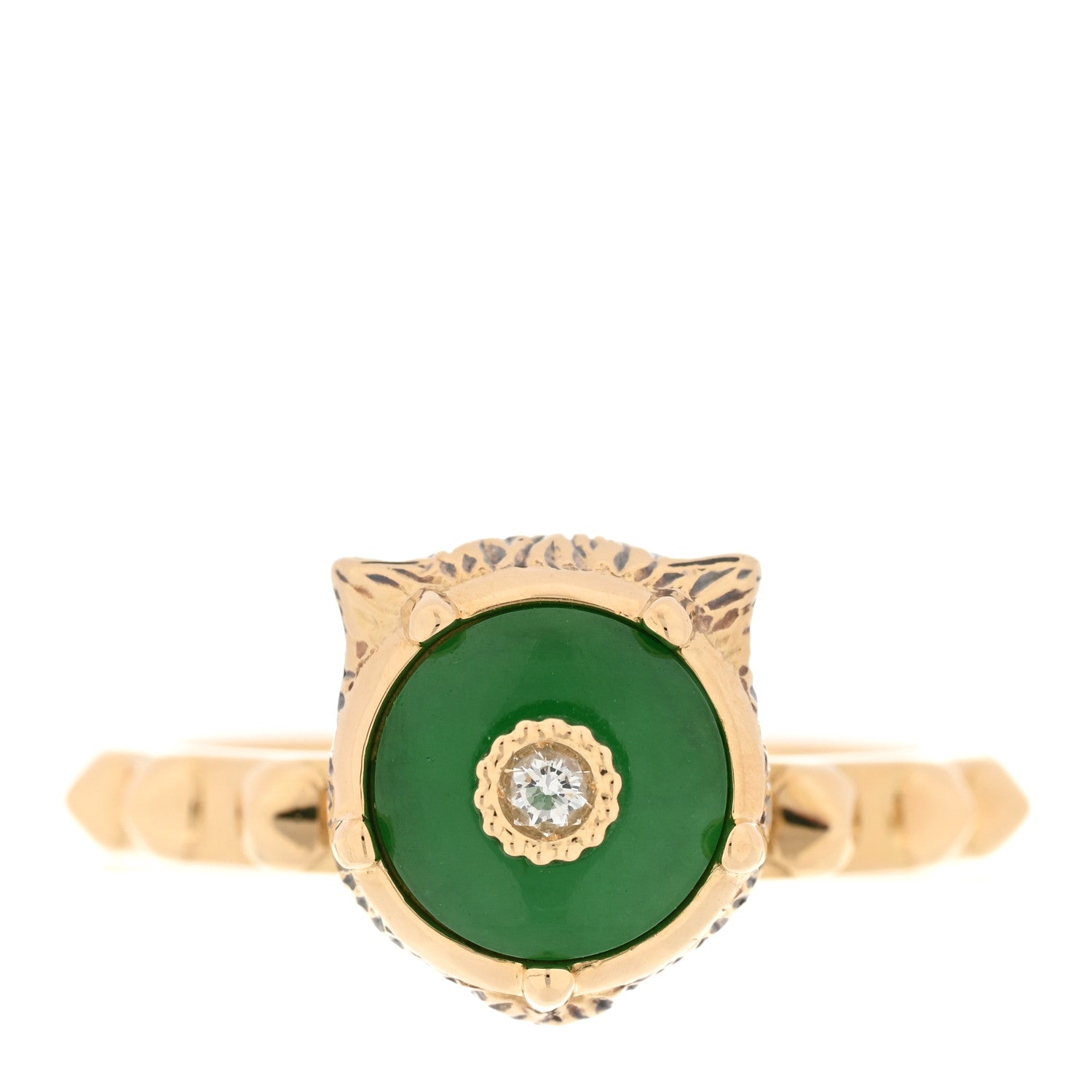 Gucci 18K Yellow Gold Jade Diamond Le Marché Des Merveilles Feline Ring 54 6.75 1 of 4