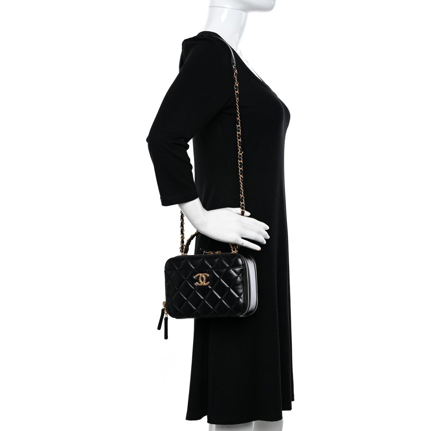 Shiny Calfskin Quilted Top Handle Vanity Black