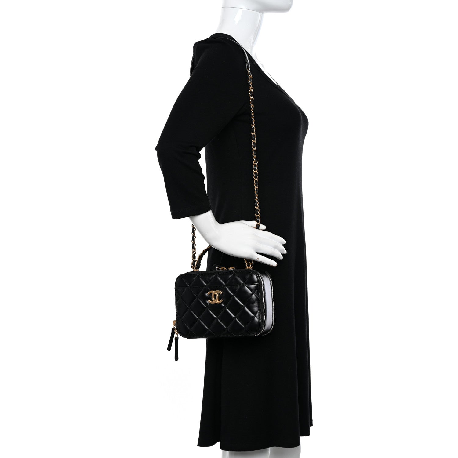 Chanel Shiny Calfskin Quilted Top Handle Vanity Black 2 of 13