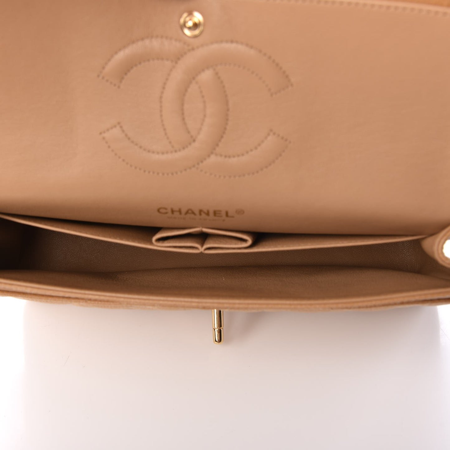 Caviar Quilted Medium Double Flap Beige