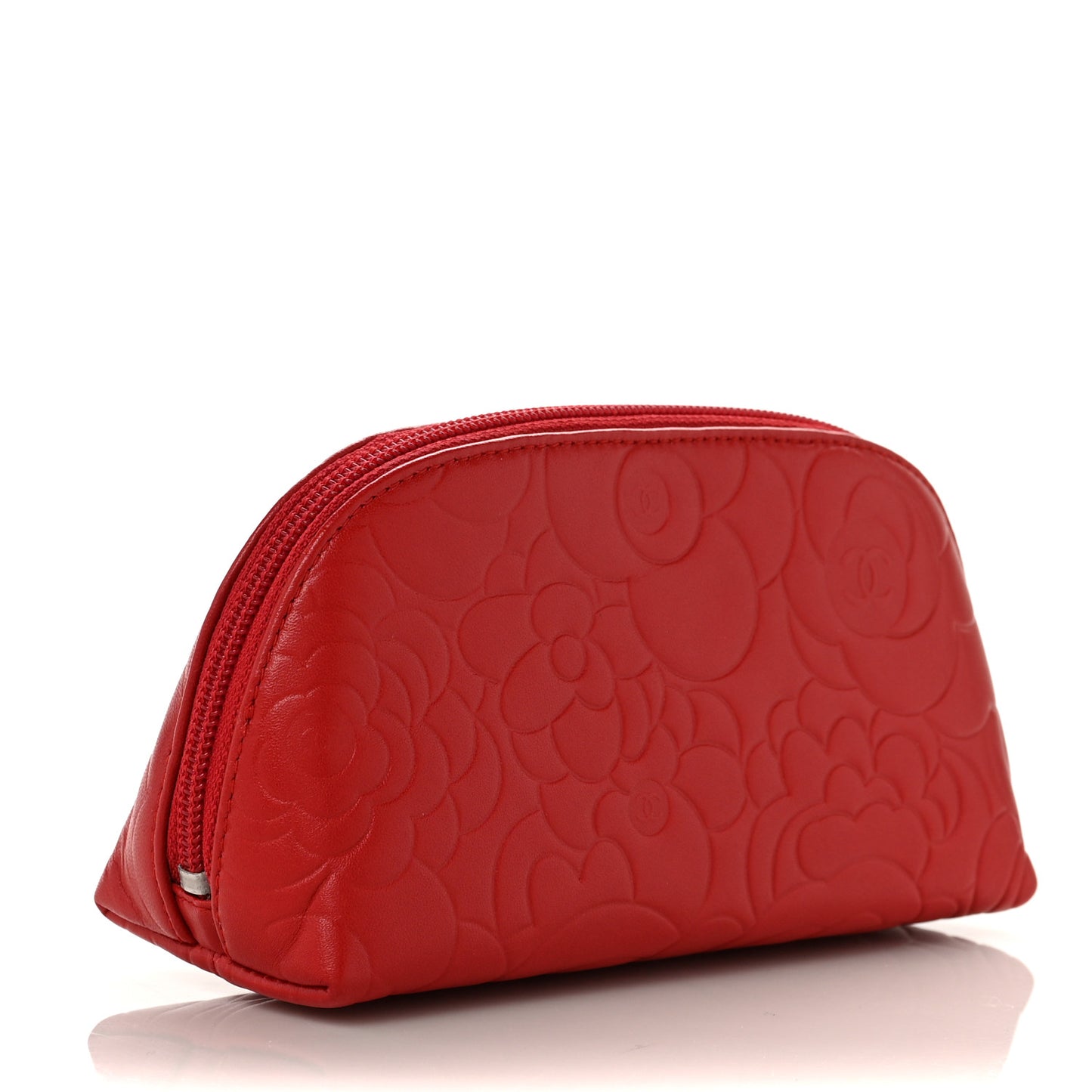 Lambskin Camellia Embossed Cosmetic Case Red