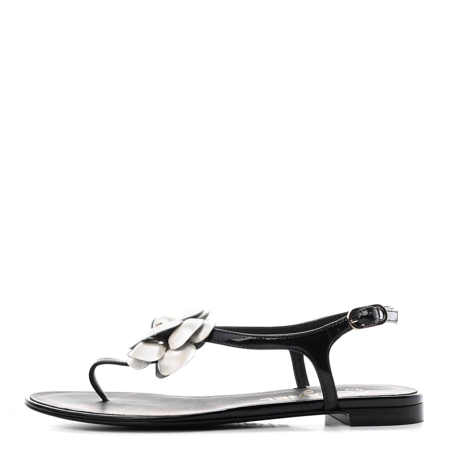 Chanel Patent Camellia Thong Sandals 35.5 Black 1 of 5