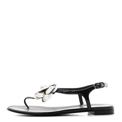 Chanel Patent Camellia Thong Sandals 35.5 Black 1 of 5