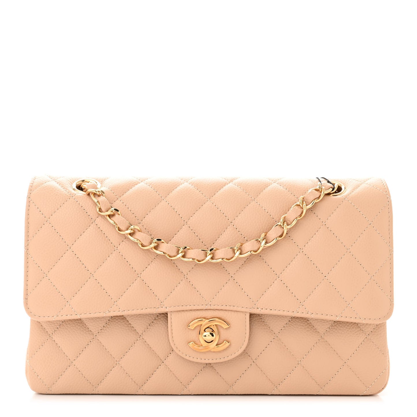 Caviar Quilted Medium Double Flap Beige
