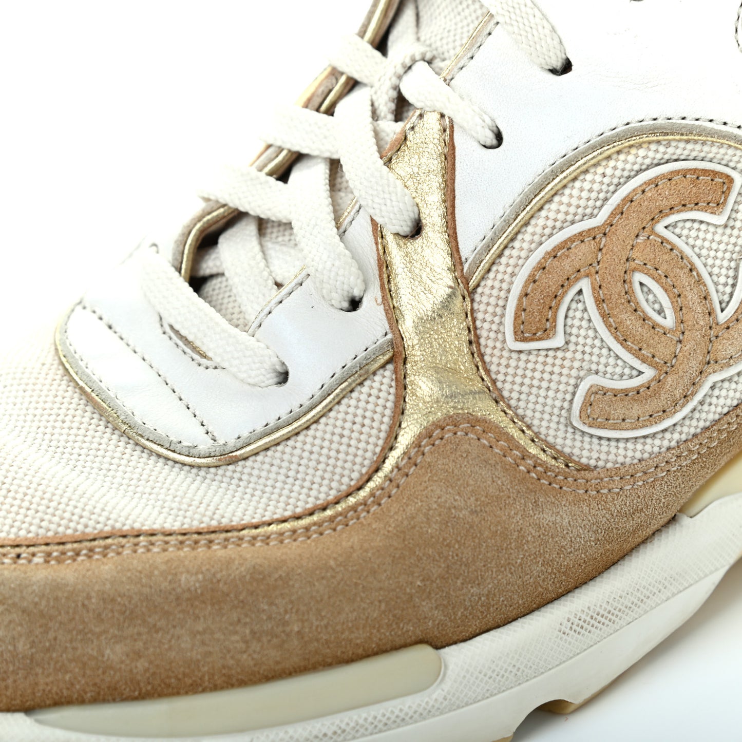 Nylon Lambskin Suede Calfskin CC Sneakers 37.5 Brown White Gold
