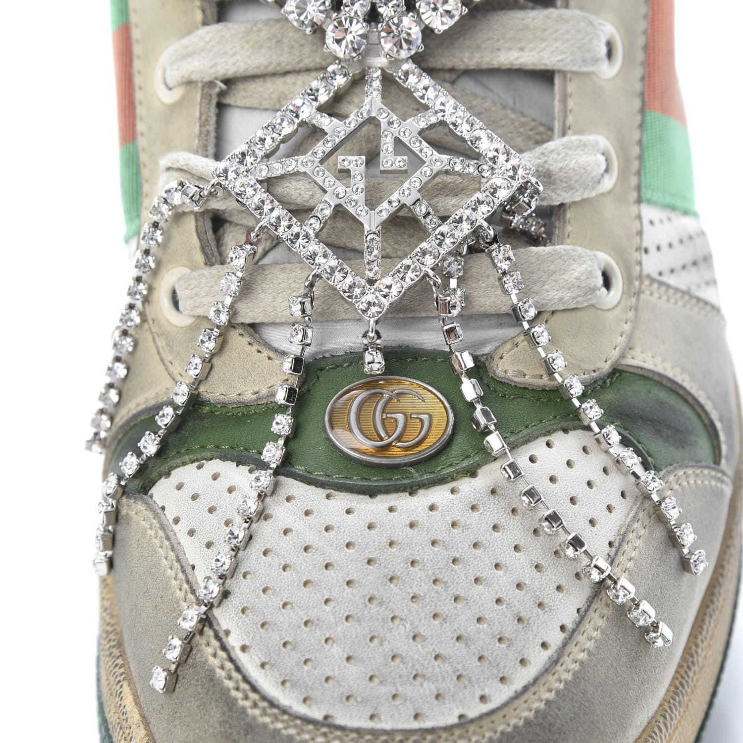 Gucci Nubuck Calfskin Web Removable Crystals Mens Screener Sneakers 9 Dusty Milk New Mystic White 15 of 27
