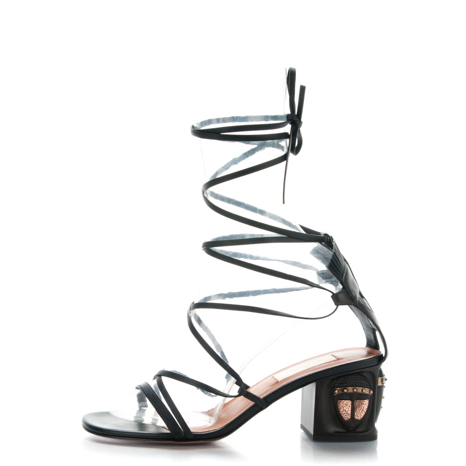 Valentino Garavani Calfskin Mask Embossed Gladiator Sandals 37 Brown Black 1 of 7