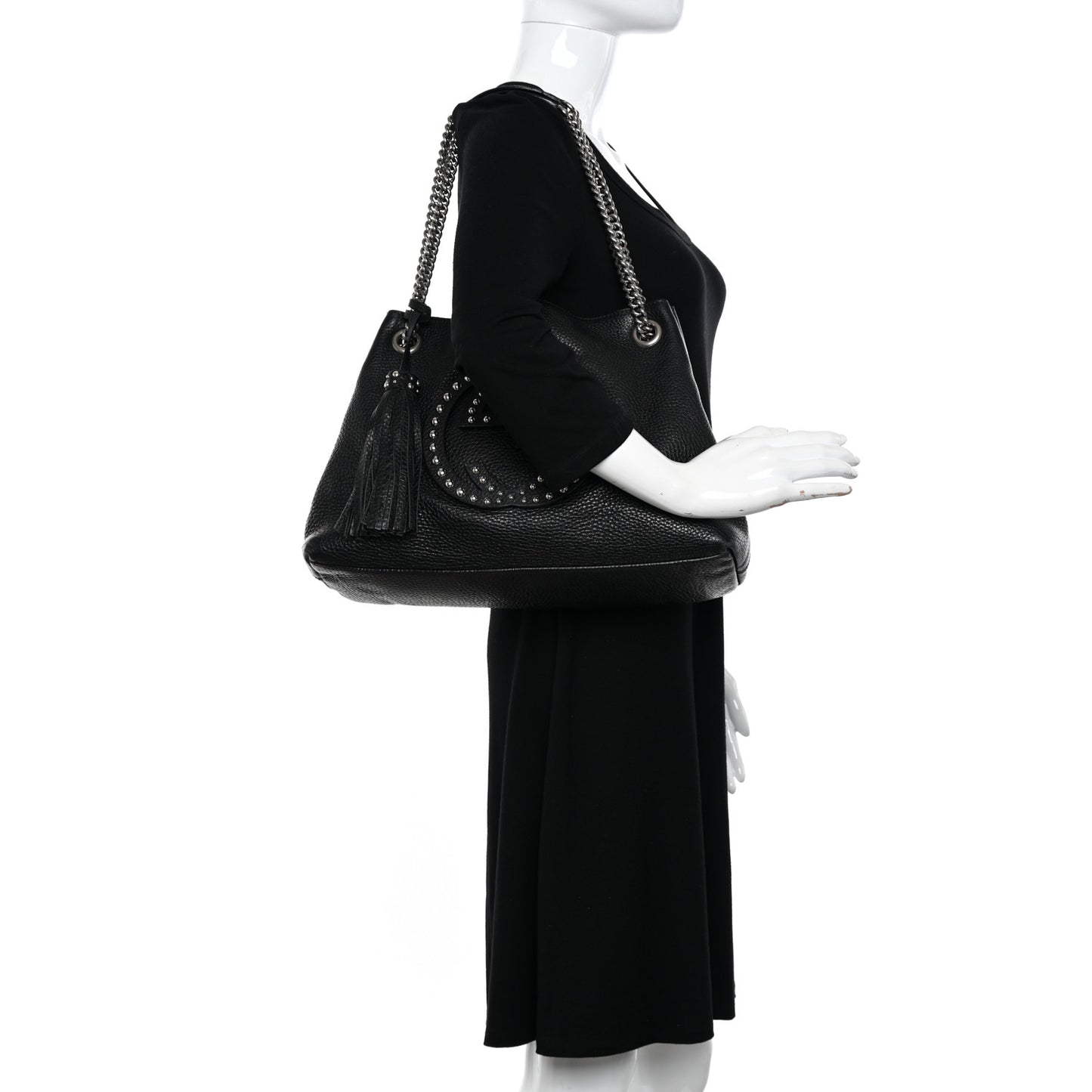 Pebbled Calfskin Studded Medium Soho Chain Shoulder Bag Black