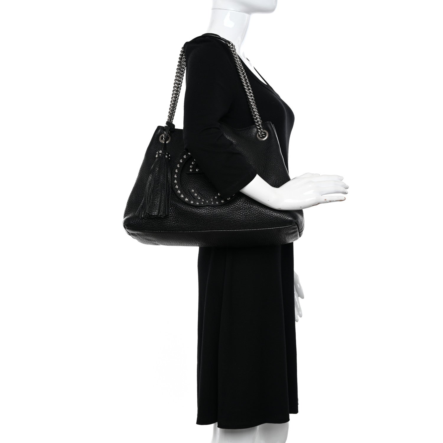 Gucci Pebbled Calfskin Studded Medium Soho Chain Shoulder Bag Black 2 of 19