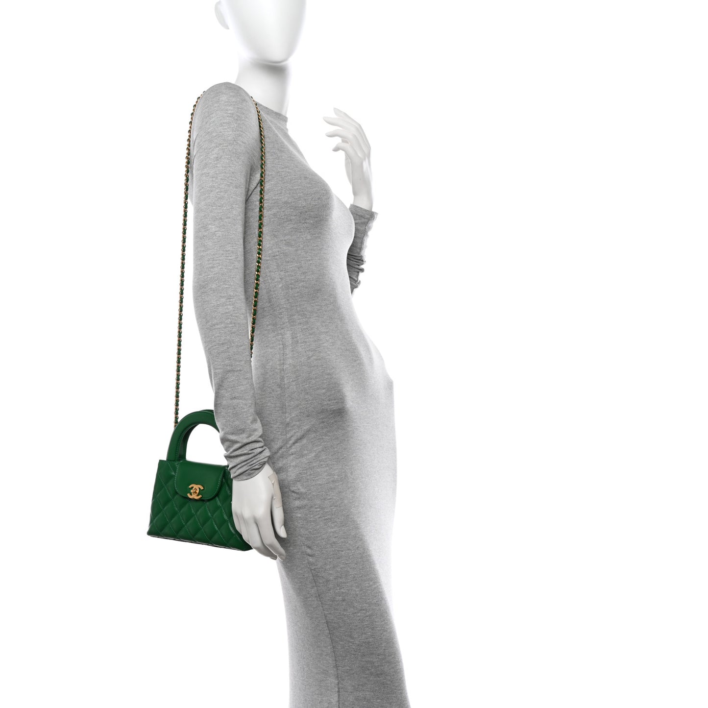 Shiny Aged Calfskin Quilted Nano Kelly Shopper Green