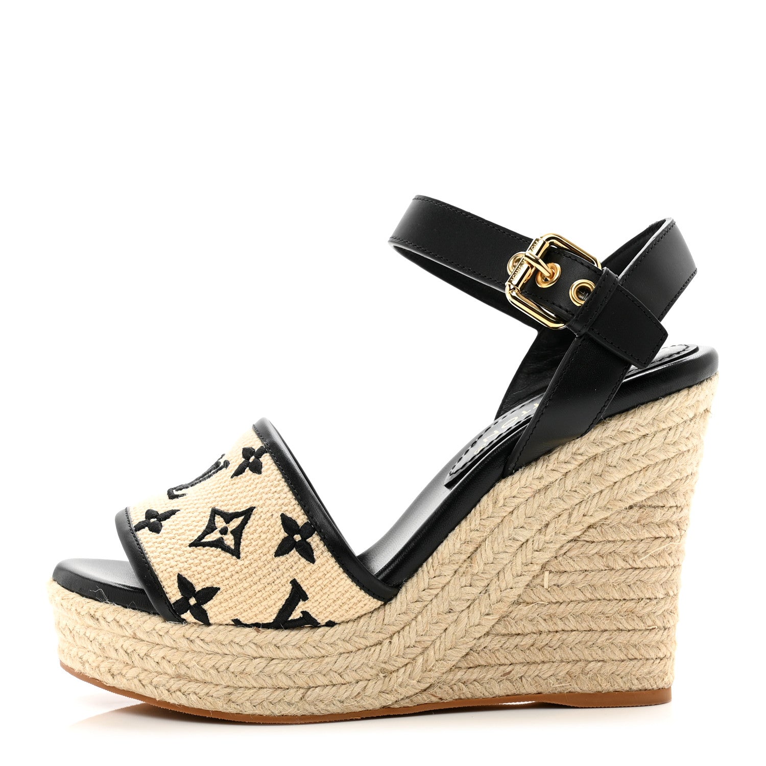 Louis Vuitton Cotton Monogram Embroidered Starboard Wedge Espadrilles 39 Black 1 of 8