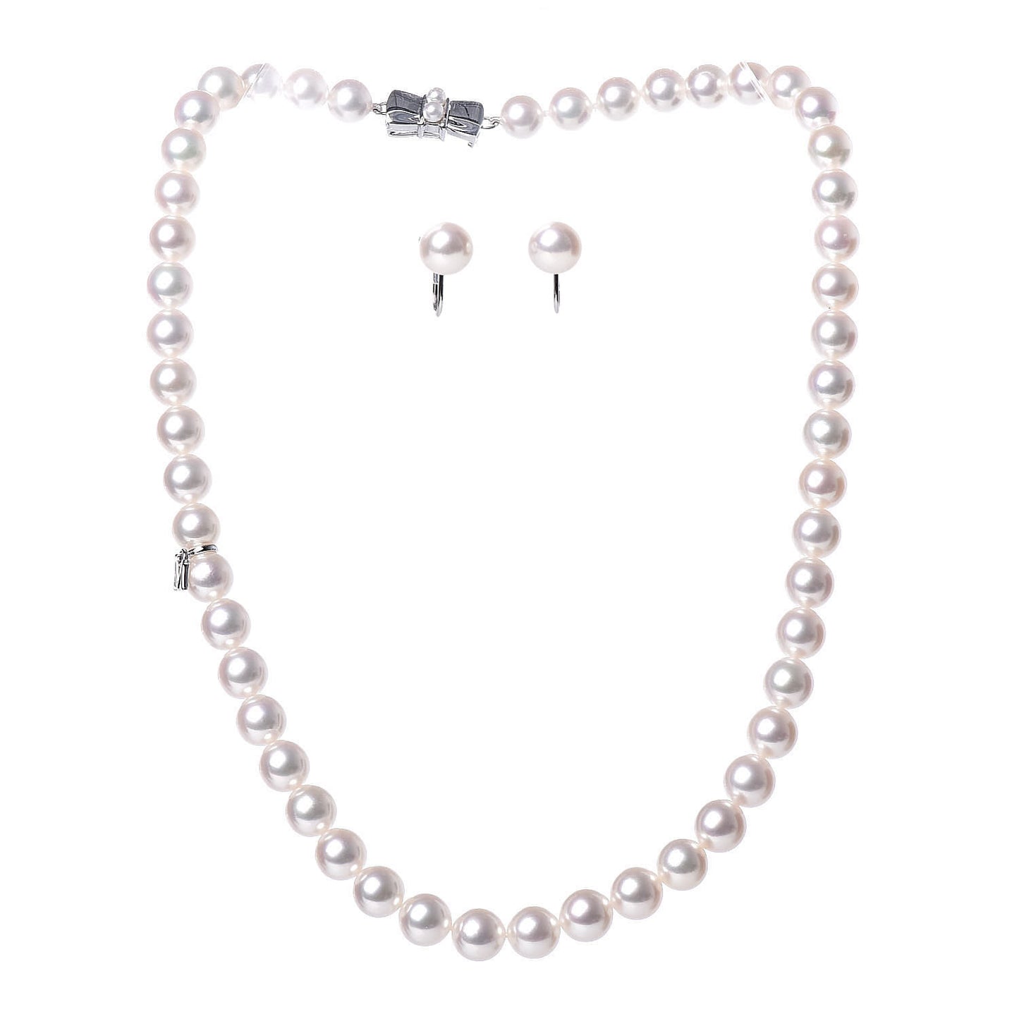 Sterling Silver 18K White Gold Akoya Pearl 7-8mm Strand Necklace Earring Set