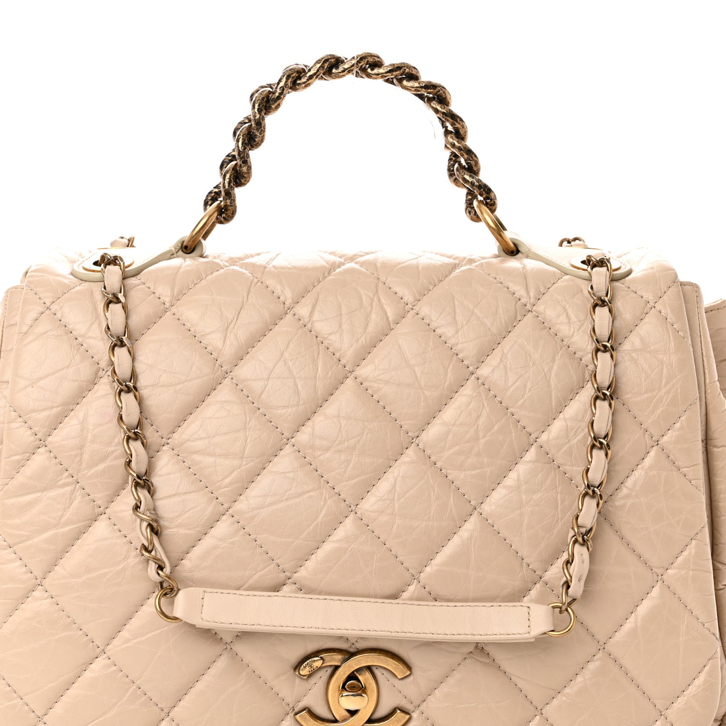 Aged Calfskin Quilted Large Pondichery Flap Beige