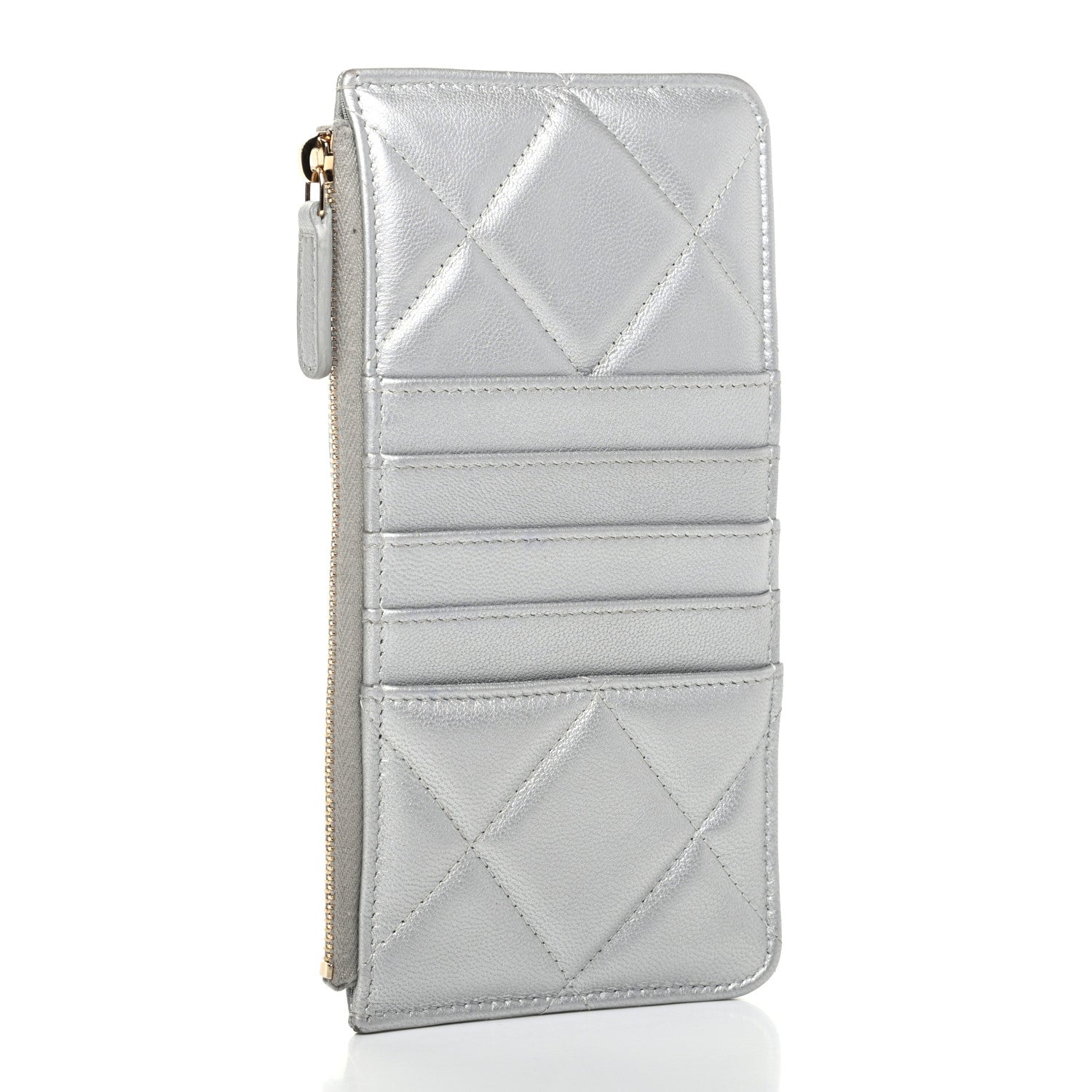 Chanel Metallic Goatskin Quilted Chanel 19 Flat Wallet Pouch Silver 3 of 9