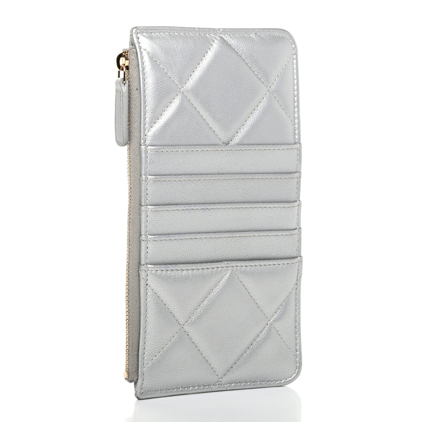 Metallic Goatskin Quilted Chanel 19 Flat Wallet Pouch Silver